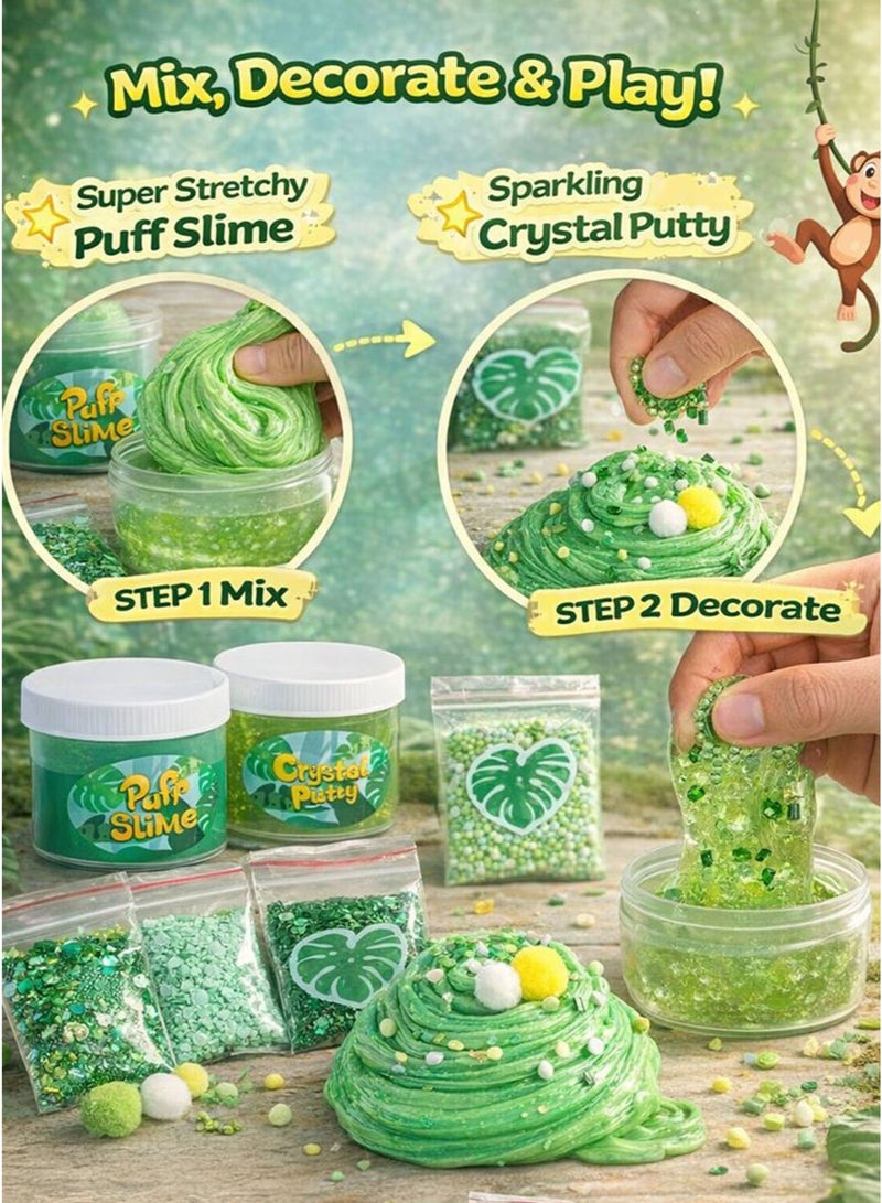 GreaTeam Rain Forest Putty Kit 2-in-1 Crystal Putty and Puff Slime Sensory Toy Kids DIY Slime Set Age 3 Years+ with Mixing Shaping Stretching Decorating Fun 235g Crystal Putty, 160g Puff Slime, Green Glitter 3g, Round Glitter/Green Confetti 3g, Green Tube Beads 5g, Assorted Accessories 5g, 12 Pompon Balls, Foam Beads Bag Baby Creative Play, Stress Relief, Party Favor, Birthday Gift, School Activity, Arts & Crafts Toy for Boys Girls - Image 3